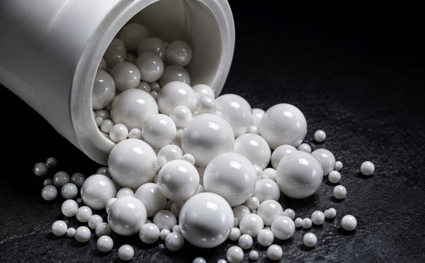 White zirconia grinding spheres spilling from a ceramic milling jar