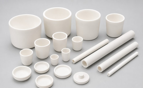 White ceramic crucibles, tubes and lids arranged on a gray surface