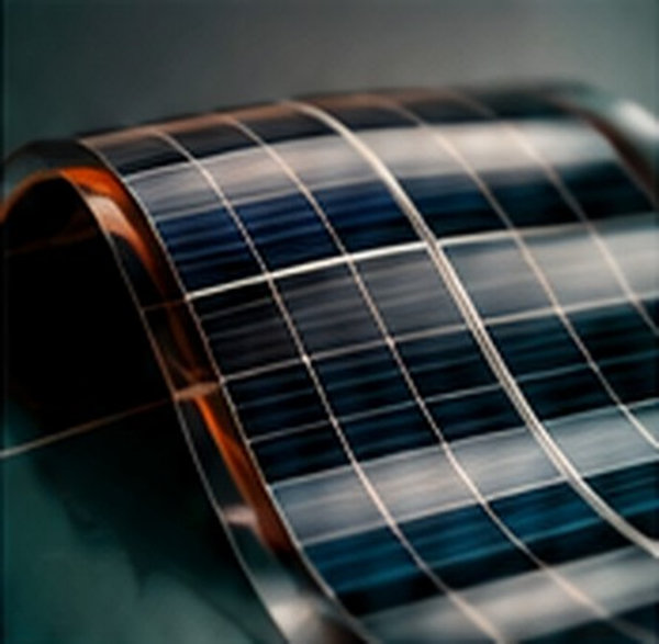 A flexible dark photovoltaic sheet curves over itself with a repeating metallic grid.