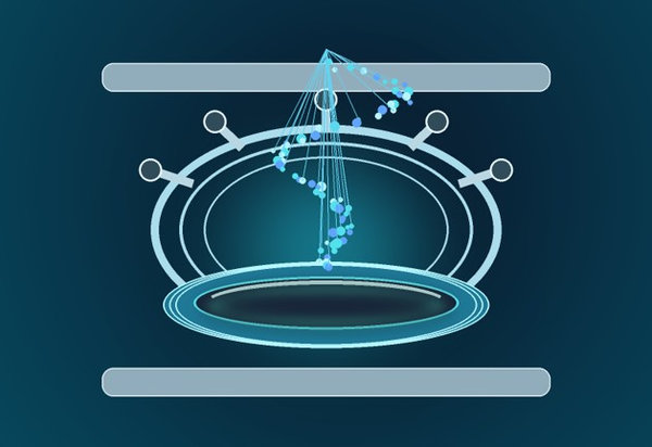 Vacuum deposition chamber with a glowing wafer and directed streams of precursor molecules.