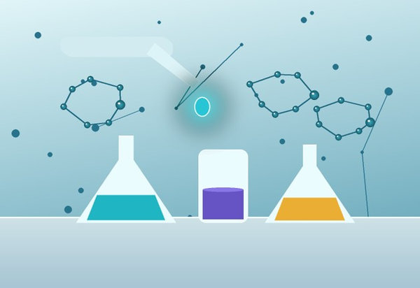 Transparent laboratory vessels containing purified precursor solutions surrounded by molecular motifs.