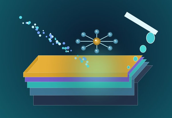 Magnified layered thin-film structure receiving both vapor molecules and a solution droplet.